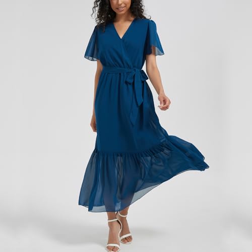 Image of Women's Summer Bohemian Floral Chiffon Dress Cap Sleeve V Neck Ruffle Long Flowy Boho Casual Vacation Dresses