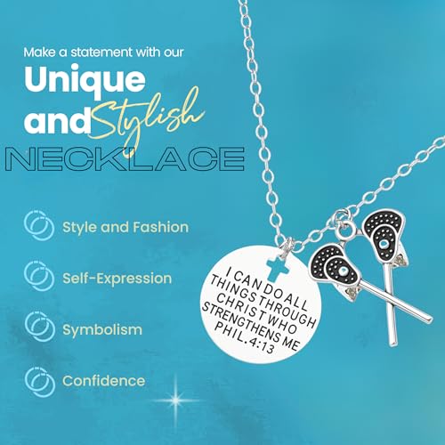Sportybella Lacrosse Necklace, Girls I Can Do All Things Through Christ Who Strengthens Me Phil. 4:13 Pendent Lacrosse Stick Charm Jewelry - Gift For Lacrosse Players, Lax Gift4