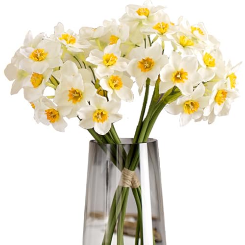 Narcisos blancos artificiales de 40 cm en 2 manojos de seda de aspecto real 2