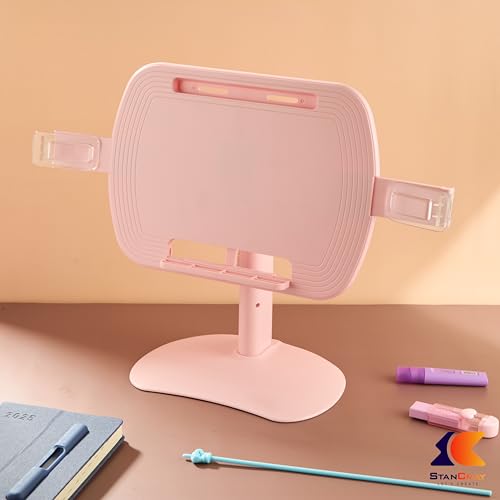 Image of 1 Compartment Portable Adjustable Tablet Holder with Folding Hands Rotatable Book Stand Holder for Reading - Ideal for Cookbooks, Sheet Music, and More - Textbook Holder Organizer (Pink)