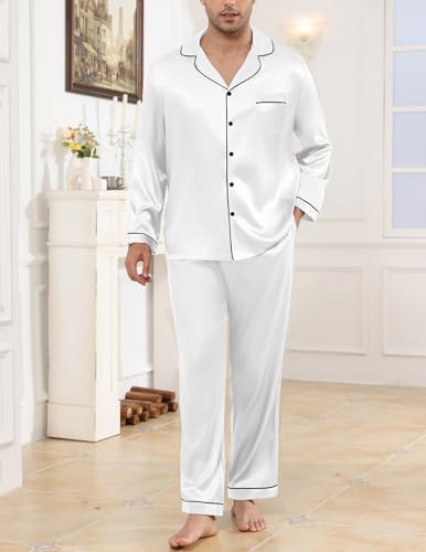 Image of Veseacky Mens Silk Satin Pajamas Set Short Sleeve Sleepwear Button-Down Pjs Sets Two-Pieces Loungewear with Pockets S-XXL