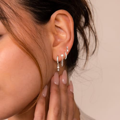 Image of Gold Plated Earrings for Women, 14k Gold Plated Earring Stack Hypoallergenic Pearl Drop Earring Dainty Earrings for Women Trendy Cute Small Huggie Hoop Earring Fashion Womens Jewelry
