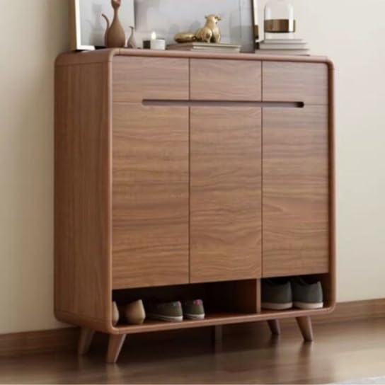 Wooden Shoe Cabinet with 3 Doors, Walnut Finish, Mid-Century Modern Style, 120cm Width, Open Shoe Storage-image-8