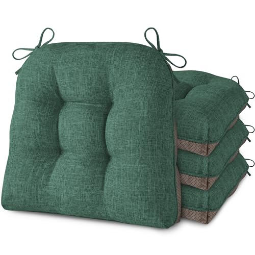 Image of AddGrace Chair Cushions for Dining Chairs Set of 4 Kitchen Seat Cushions with Ties and Non Slip Backing Tufted Indoor Seat Pad for Kitchen Dining Room 18 inch x 17 inch x 3 inch Dark Green