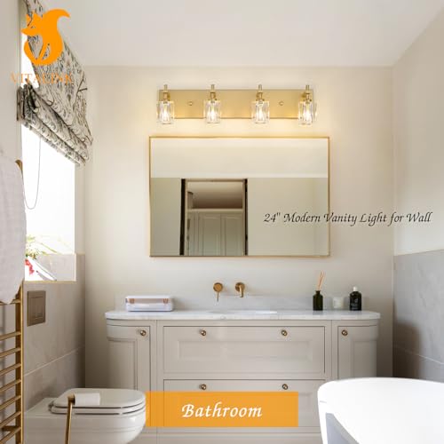 Image of VitaLink 24-Inch Vanity Light Gold Crystal Bathroom Vanity Light Over Mirror 4-Light Wide Backplate Modern Wall Light for Bathroom Living Room