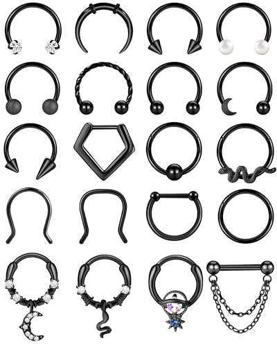 ONESING 20pcs Black Septum Rings 16G Surgical Steel Septum Jewelry Hypoallergenic Horseshoe Helix Daith Tragus Cartilage Hoop Lip Rings Septum Piercing for Women Men 10mm