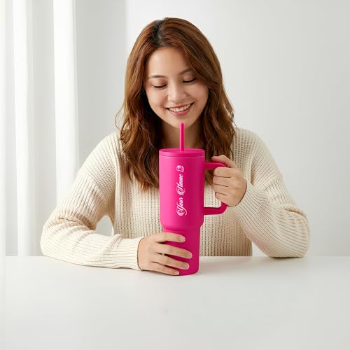 Image of Personalised 1200ml Insulated Stainless Steel Tumbler with Handle and Straw Lid - Large Travel Mug for Coffee & Water, Double Wall Vacuum Cup, Car Cupholder Friendly (Hot Pink)
