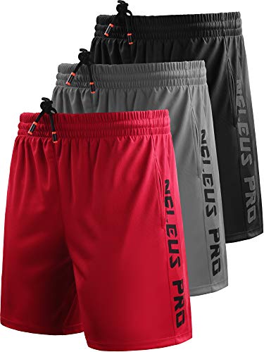 Neleus Men's 7" Workout Running Shorts with Pockets,6056,3 Pack,Black/Grey/Red,2XL,EU 3XL