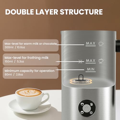 Image of Milk Frother, 4-in-1 Milk Frother and Steamer, 10.6oz Electric Milk Steamer, Automatic Cold and Hot Foam maker for Lattes, Cappuccinos, Ceramic Lining Interior, Brushed