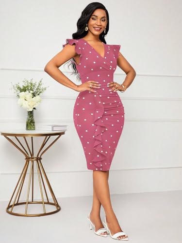 Image of Yajedo Women's Summer Bodycon Midi Dress Print Ruffled Sleeves V Neck Ruched Cocktail Pencil Dress