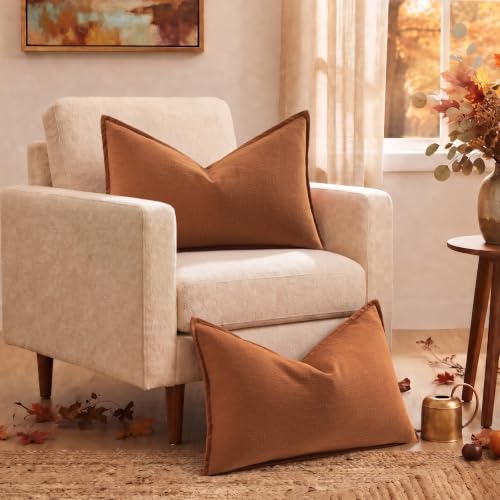 Image of decorUhome Fall Light Rust Linen Throw Pillow Covers 12x20 Set of 2 | Decorative Soft Cozy Modern Farmhouse Boho Accent Pillow Cases with Flange Edges for Couch Bed Sofa Living Room Home Decor