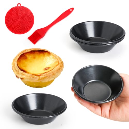 Quyimy 4 moldes para tartas de huevo, mini sartenes de 3 pulgadas, mini sartén de acero al carbono antiadherente, cepillo para aceite y platos para cupcakes, pasteles, magdalenas, moldes de lata