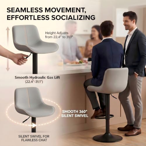 Butacos giratorios ajustables de barra, juego de 4, tapizados en cuero sintético gris, altura regulable, asiento ergonómico con respaldo, capacidad de 300 lb miniatura 7
