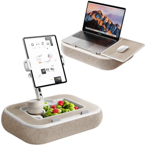 NIFBANG Kindle Tablet Halterung Kissen 360 Verstellbarer iPad Halter mit Snackschale Laptop Tablet Ständer für Bett Laptopkissen Kompatibel mit 4 7-13 für iPad iPhone Kindle Zubehör(Khaki)
