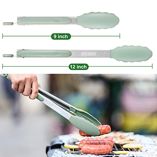 EEKEDO-Kitchen-Tongs-Stainless-Steel-Silicone-Tongs-for-Cooking-600oF-High-Heat-Resistant-BBQ-Grilling-Locking-Tongs-Set-of-2-9-and-12-Light-Green