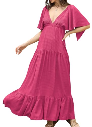 Image of Kikibell Women Summer Dresses Sexy V-Neck Maxi Dress Tiered Silhouette with Flutter Sleeve Backless Elastic Waist Flowy Dress
