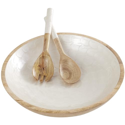 Deco 79 Mango Wood Handmade Decorative Bowl with Matching Salad Serving Utensils, Set of 3 15