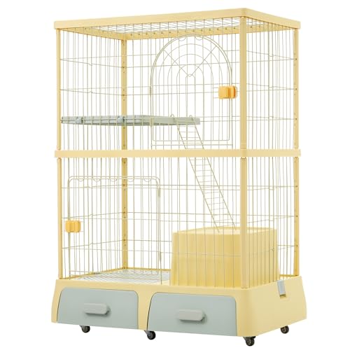 猫用2段トレーケージ - 掃除しやすい引き出しトレー付きキャットハウス(Yellow)