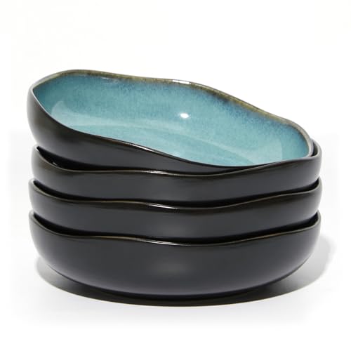 Image of Pokini 8.26 inch Ceramic Pasta Bowls Set of 4, 36Oz Large Salad Bowl Plates | Stoneware Serving Bowls for Vegetable, Noodle, Salad, Microwave & Dishwasher Safe, Reactive Glaze Pasta Plates, Green Black