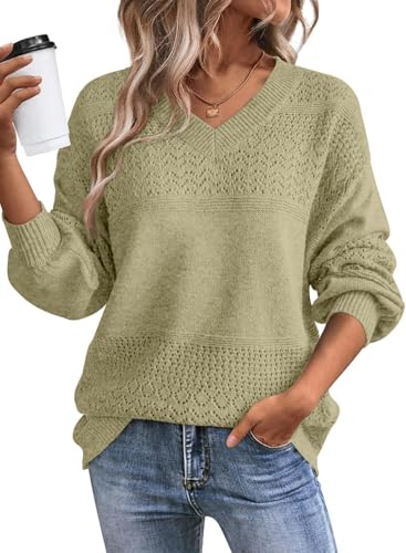 Image of SHEWIN Women's Sweaters Casual Long Sleeve V Neck Crewneck Lightweight Crochet Pullover Sweater Tops
