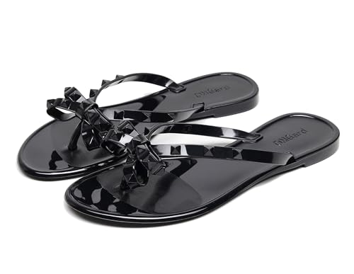 Image of Studded Jelly Shoes for Womens Bow Flip Flops Jellies Sandals Flat Black Summer Beach Thong with Rivets Strappy Slides Slip On