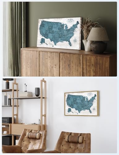 Image of IPIC - Custom USA Map Wall Art, Push Pin Travel Map with Custom Names to Track Your Travels, Vintage Teal Farmhouse Style Framed Canvas Wall Decor for Home, Office or RV, Ready to Hang