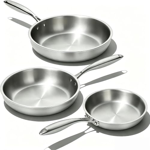 Image of Umite Chef Stainless Steel Frying Pan Set, Skillet Set 8 inch /10 inch /12 inch, Induction Compatible, Oven & Dishwasher Safe, 5 Ply Stainless Clad - Heavy Duty & Professional Cookware Set, Fast & Even Heat