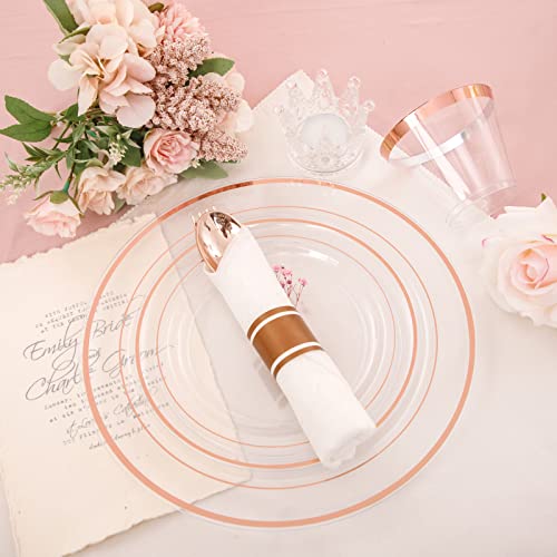 I00000 210 Pcs Rose Gold Plastic Plates With Silverware, Clear Disposable Dinnerware Includes: 30 Dinner Plates 10.25" 30 Dessert Plates 7.5" 30 Cups 30 Per Rolled Napkins With Cutlery For Party #TOP5