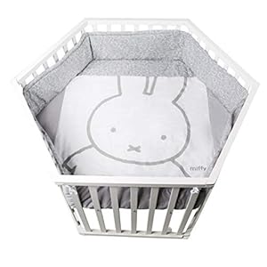 Roba Box “miffy”, box 6-hoekig, 3-voudig in hoogte verstelbaar, veilig speelrooster incl. beschermlaag & remwielen, baby kruiprooster, hout wit