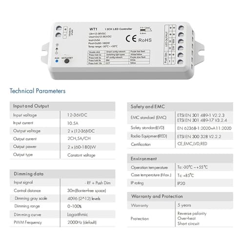 Controlador inteligente WT1 regulador LED 2.4G para luz blanca dual 3