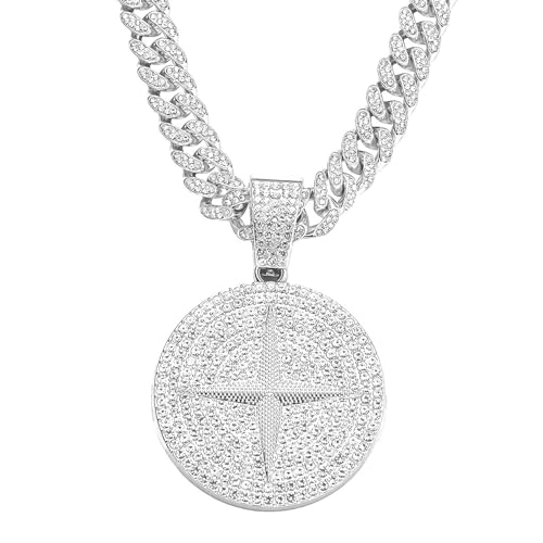 Round star Hip-hop Cuban Chain, Rhinestone Pendant Necklace Jewelry For Men，Men's Fashion Jewelry