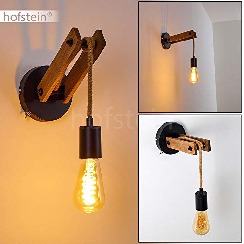 Applique Aarhus en bois clair, corde et métal noir, lampe murale pendante vintage idéale dans un salon rétro, avec interrupteur sur le socle, pour 1 ampoule E27 max. 60 Watt, compatible LED