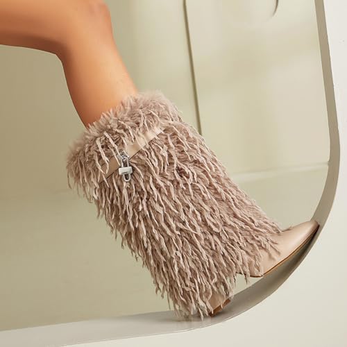 AIJIVOU Women Fold Over Faux Fur Mid Calf Boots Chunky Heel Point Toe Shark Boot Fashion Pull On Short Booties with Padlock3