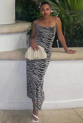 Image of Women's Sexy Sleeveless Tulle Leopard Print Maxi Dress - Elegant Spaghetti Strap Backless Party Dress