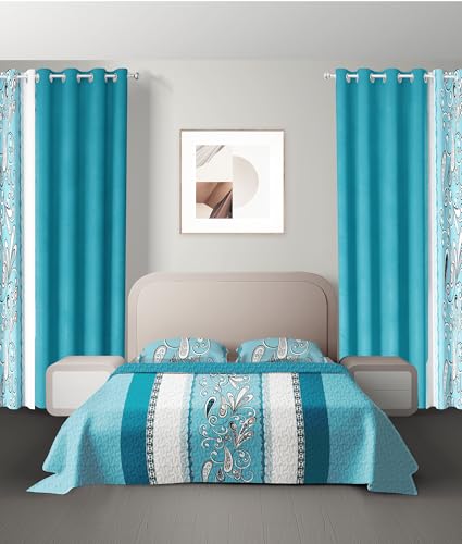 Reylox 9 Pcs King Bed in A Bag with Curtains | Blue Boho Bedspread, 2 Pillowcases, 2 Print & 4 Solid Curtains | Microfiber, Moisture-Wicking | Bedroom, Hotel | King Size Comforter Set with Curtains