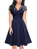 MISSMAY Women's Retro Floral Lace V-Neck Cocktail Party Swing Dress(X-Large, Navy Blue)