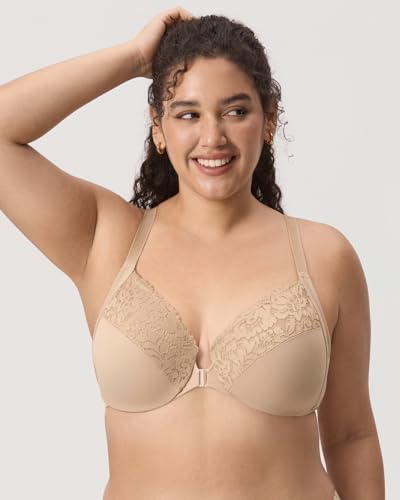 Image of DELIMIRA Women's Front Closure Racerback Bras | Plus Size, Full Coverage, Lace, Underwire, No Padding Unlined
