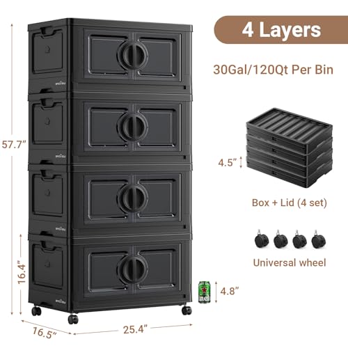 Image of BROVIEW 480Qt Lockable Stackable Storage Bins with Lids, Closet Organizers and Storage Drawer, Collapsible Storage Bin with Wheels, Plastic Cabinet for Toy Clothes Dorm Organizer, V9 4 Pack Black