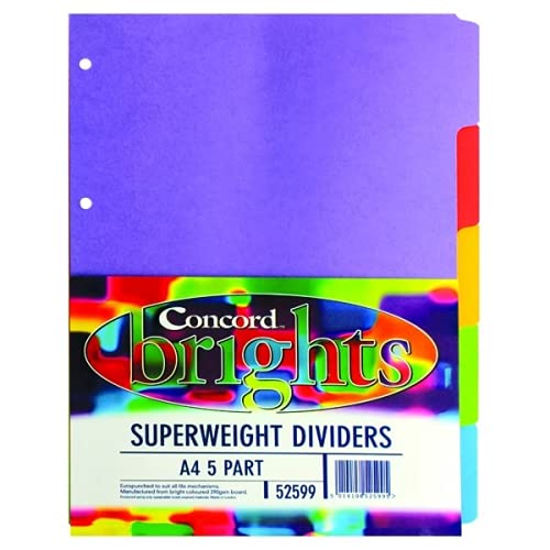 Concord Divider 5-Part A4 Heavyweight 270gsm Bright Assorted 52599/525 (Pack of 4)