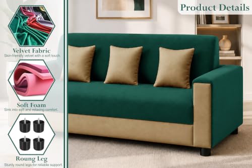 Image of 3 Seater Wooden Sofa | Velvet Fabric Couch with Cushions | Comfortable Living Room Sofa | Sturdy Wooden Frame | Home & Office Furniture | Green & Beige