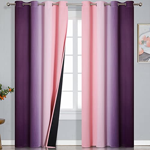 Estelar Textiler Pink and Purple Ombre Blackout Curtains 90 Inches Long 2 Panels Set, Thermal Insulated Gradient Drapes for Bedroom, Full Room Darkening Energy Saving Curtains for Living Room,52Wx90L