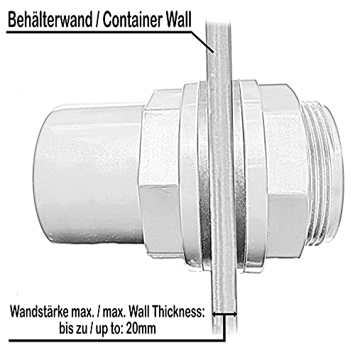 VMC Tankdurchlass PVC 63mm 75x63x2 1/2 mit 2 Klebemuffen 63mm Innendurchmesser 75mm Außendurchmesser mit 2 Dichtungen und Feststellmutter