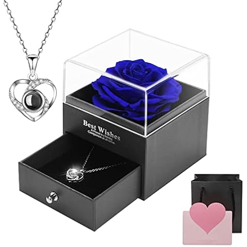 Eternal Rose Jewelry Box - Handmade Preserved Rose Gift Box with Heart Necklace, Forever Rose Eternal Flowers Box for Mother Grandma Wife Girlfriend on Mothers Day, Valentines Day, Birthday Cover