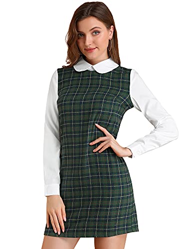 Allegra K Damenkleid mit Peter-Pan-Kragen, kontrastierend, langärmelig, kariert, Grün-blau, Groß