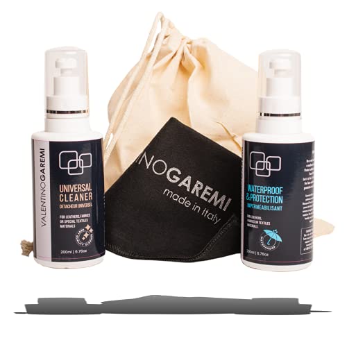 VALENTINO GAREMI Conjunto de limpeza e proteção de bolsas de mochila – Todos os materiais, incluindo tecidos têxteis de couro – Remoção de manchas ou sujeira e kit de proteção contra água à prova de