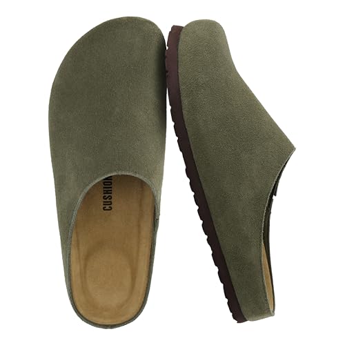 CUSHIONAIRE Heath Genuine Suede Leather Mens Clogs with Memory Foam Comfort Easy Slip On Slides for Men Olive 12