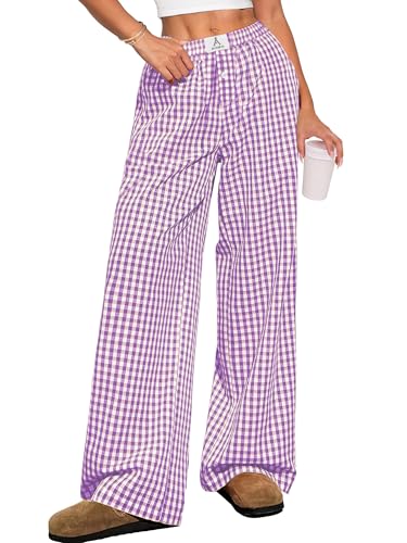 Image of ANRABESS Womens Gingham Striped Boxer Pants | 2026 Fall Outfits,Wide Leg Elastic Waist with Pockets,Casual Lounge Pajama Bottoms,Lightweight Breathable,Fashion Clothing