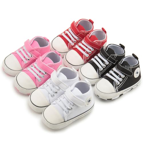 Image of Unisex Baby Girls Boys Canvas High-top Shoes, Newborn Infant Anti-Slip Soft Sole Frist Walking Breathable Sneakers