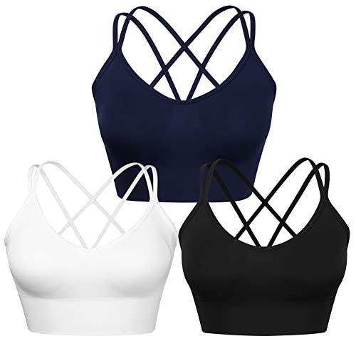 Wanayou Stappy Sports Bra For Women Sexy Cross Back Medium Support Yoga Bra With Removable Cups Criss Cross Back Workout Bras For Running Fitness Athletic 3 Pack (3 Pack(Black+White+Blue), Medium) #TOP19