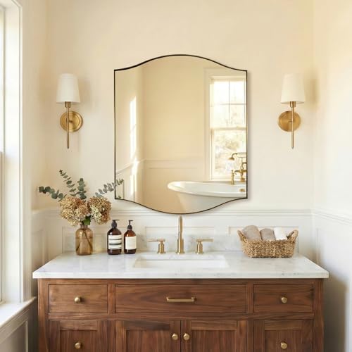 Image of ANDY STAR Rectangle Scalloped Mirror, 30 inchx36 inch Brushed Gold Bathroom Mirror in SUS304 Stainless Steel Metal Frame, Brass Vanity Mirror with Unique Arched Top Design